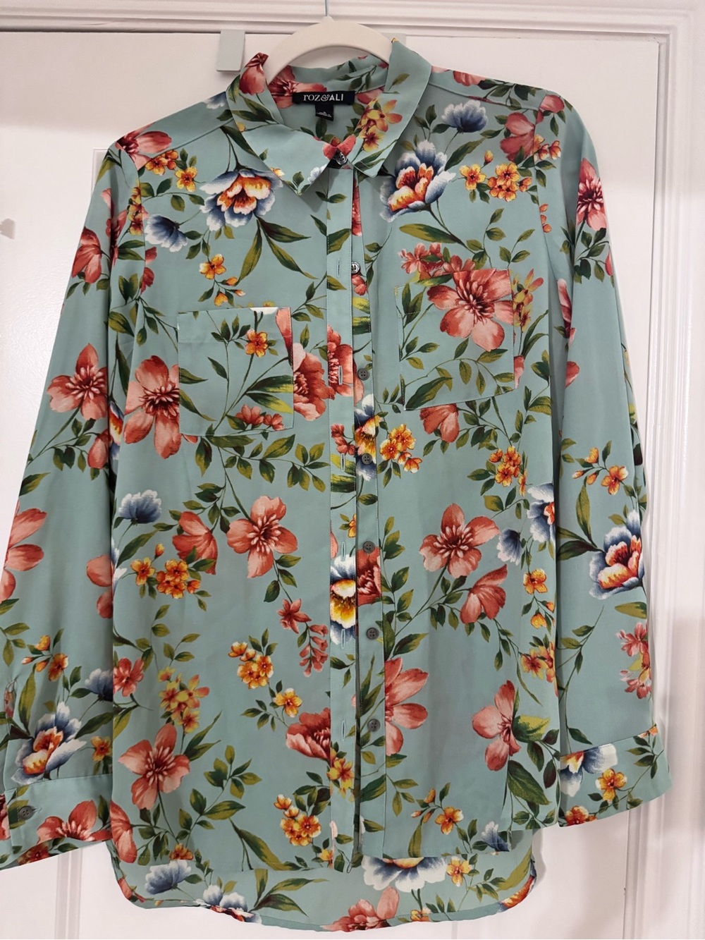 Roz & Ali Mint Floral Button-Up Top with Multicolor Blooms